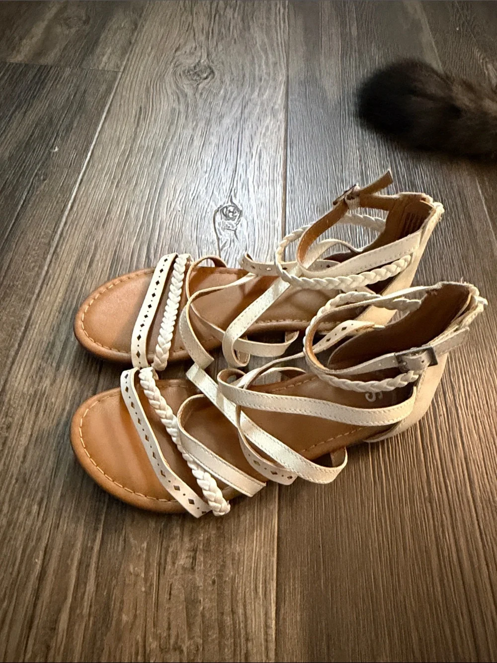 SO Girls Cream Braided Strappy Sandals with Tan Footbed